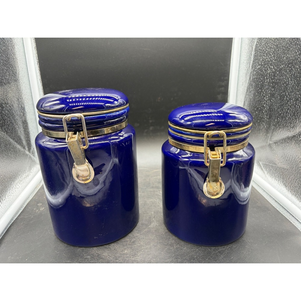 SAC Cobalt Blue Ceramic Canister Set 2 Piece Glossy Gold Tone Clamp Lid Storage